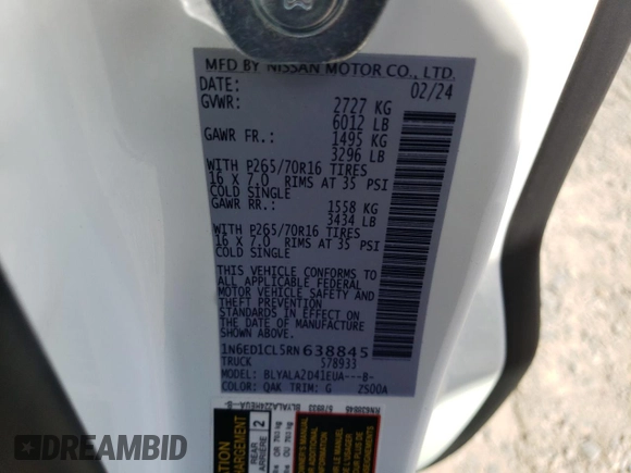 2024 Nissan Frontier S with VIN 1N6ED1CL5RN638845, listed as a Copart auction lot 51940085 with 27,151 mi miles and Salvage title. Bid and sale history available at DreamBid. Image 13.