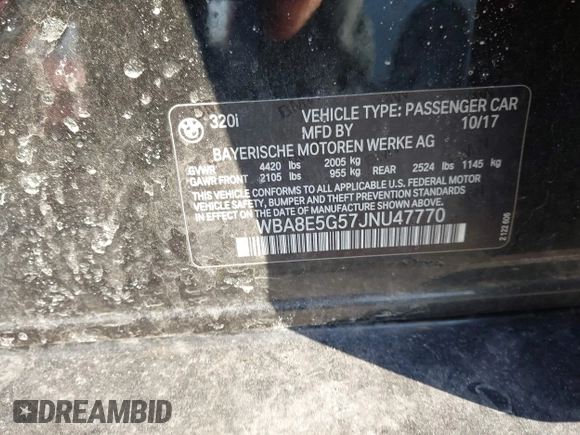 2018 BMW 3 Series 320i xDrive with VIN WBA8E5G57JNU47770, listed as a IAAI auction lot 41409122 with 62,198 mi miles. Bid and sale history available at carsss.com. Image 9.