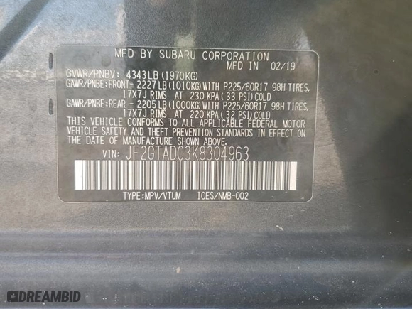 2019 Subaru Crosstrek Premium with VIN JF2GTADC3K8304963, listed as a Copart auction lot 51219235 with 69,355 mi miles and Non Repairable. Bid and sale history available at carsss.com. Image 14.