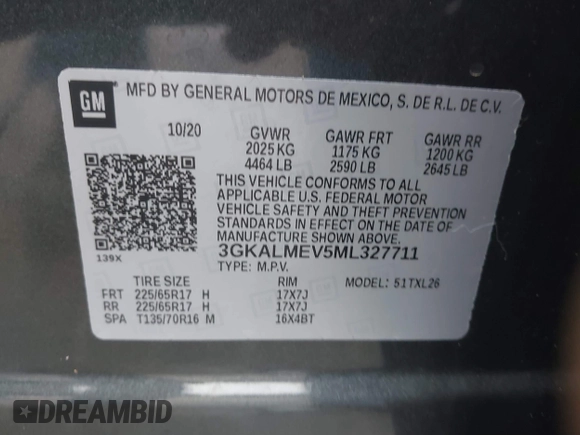 2021 GMC Terrain SLE with VIN 3GKALMEV5ML327711, listed as a IAAI auction lot 41173264 with 103,507 mi miles and . Bid and sale history available at carsss.com. Image 9.