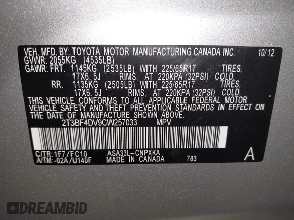 2012 Toyota RAV4 with VIN 2T3BF4DV9CW257033, listed as a IAAI auction lot 42144441 with 200,107 mi miles. Bid and sale history available at carsss.com. Image 9.