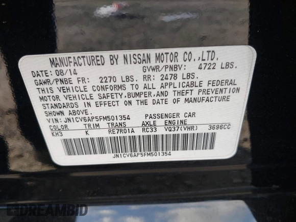 2015 Infiniti Q40 with VIN JN1CV6AP5FM501354, listed as a IAAI auction lot 41901144 with 103,878 mi miles. Bid and sale history available at carsss.com. Image 9.