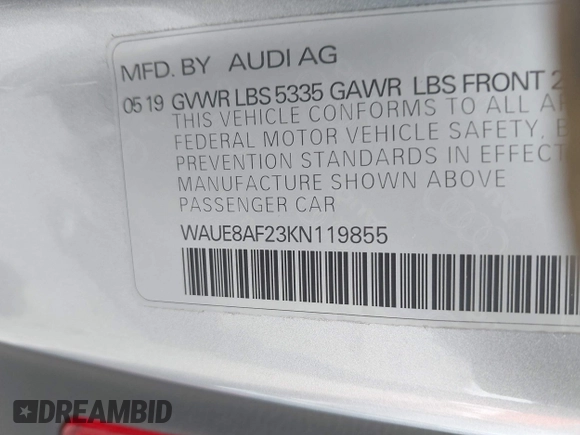 2019 Audi A6 Premium Plus with VIN WAUE8AF23KN119855, listed as a IAAI auction lot 41552717 with 43,677 mi miles. Bid and sale history available at carsss.com. Image 9.