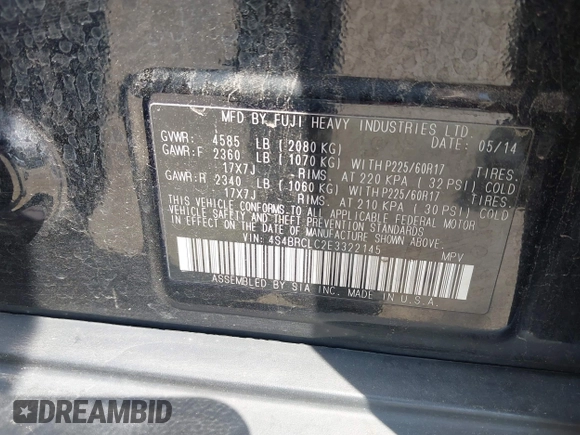 2014 Subaru Outback Limited z VIN 4S4BRCLC2E3322145, wystawiony jako IAAI lot #42654875 z przebiegiem 151 393 mil mil oraz . Historia ofert i sprzedaży dostępna na DreamBid. Obrazek 9.