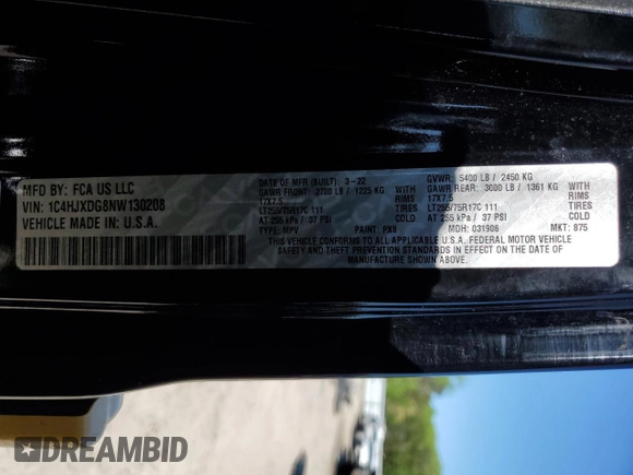 2022 Jeep Wrangler Unlimited Sport S with VIN 1C4HJXDG8NW130208, listed as a Copart auction lot 52572095 with 111,128 mi miles and Salvage Title. Bid and sale history available at DreamBid. Image 13.