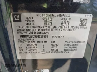 2011 Chevrolet Traverse 1LT with VIN 1GNKVGED9BJ280908, listed as a IAAI auction lot 42096297 with 161,047 mi miles and . Bid and sale history available at DreamBid. Image 9.