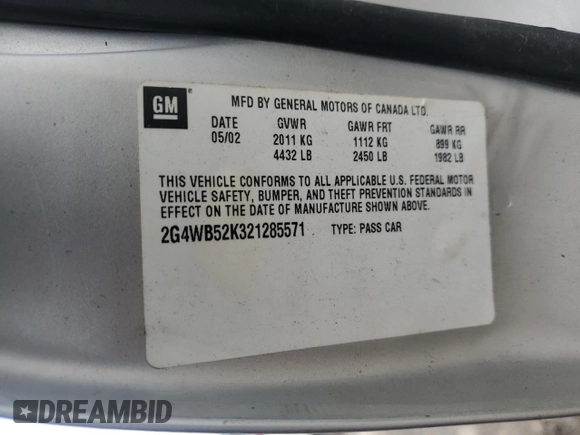2002 Buick Regal LS with VIN 2G4WB52K321285571, listed as a Copart auction lot 57562465 with 91,352 mi miles and Salvage title. Bid and sale history available at DreamBid. Image 12.