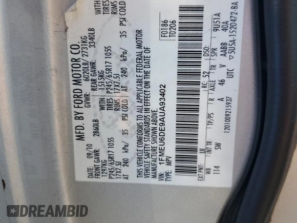 2010 Ford Explorer XLT z VIN 1FMEU6DE9AUA93402, wystawiony jako Copart lot #70621624 z przebiegiem Nie podano mil oraz Szkoda całkowita • Salvage title. Historia ofert i sprzedaży dostępna na DreamBid. Obrazek 13.