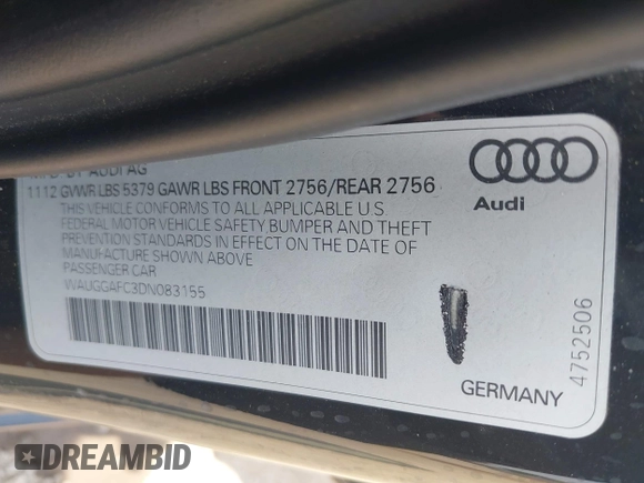 2013 Audi A6 Premium Plus with VIN WAUGGAFC3DN083155, listed as a IAAI auction lot 42446063 with 101,273 mi miles and . Bid and sale history available at DreamBid. Image 9.