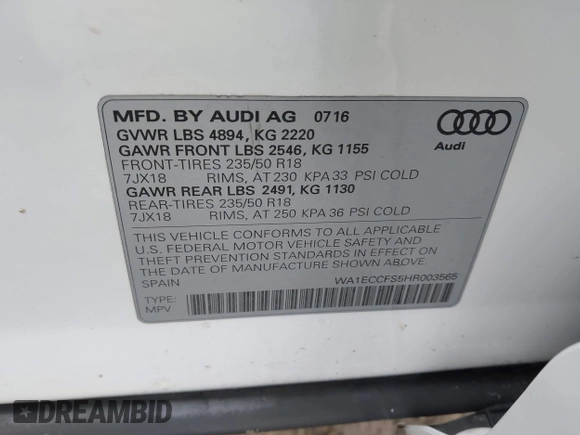 2017 Audi Q3 Premium with VIN WA1ECCFS5HR003565, listed as a IAAI auction lot 42140711 with 74,034 mi miles and . Bid and sale history available at DreamBid. Image 9.