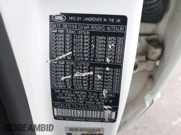 2005 Land Rover Range Rover HSE with VIN SALME11425A188699, listed as a IAAI auction lot 41192698 with 161,020 mi miles and . Bid and sale history available at DreamBid. Image 9.