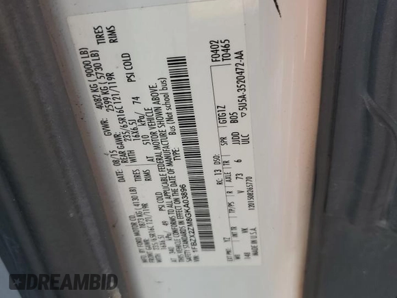 2016 Ford Transit XL with VIN 1FBZX2ZM8GKA03896, listed as a Copart auction lot 60781515 with 72,024 mi miles and Clean title. Bid and sale history available at DreamBid. Image 13.