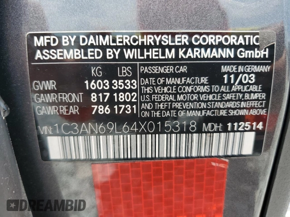 2004 Chrysler Crossfire with VIN 1C3AN69L64X015318, listed as a Copart auction lot 61139105 with 77,644 mi miles and Salvage title. Bid and sale history available at DreamBid. Image 13.
