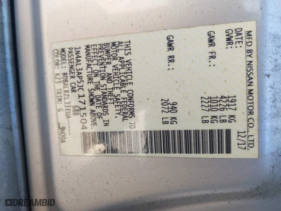 2018 Nissan Altima 2.5 SL with VIN 1N4AL3AP5JC171504, listed as a IAAI auction lot 41631839 with 70,638 mi miles. Bid and sale history available at carsss.com. Image 9.