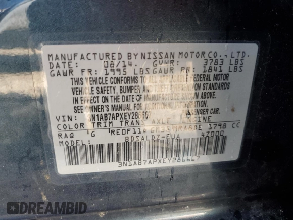 2014 Nissan Sentra SV with VIN 3N1AB7APXEY286667, listed as a Copart auction lot 51675955 with Not Provided miles and Clean Title. Bid and sale history available at DreamBid. Image 13.