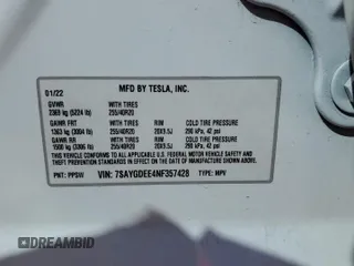 2022 Tesla Model Y Long Range with VIN 7SAYGDEE4NF357428, listed as a Copart auction lot 50345715 with 45,168 mi miles and Salvage Title. Bid and sale history available at carsss.com. Image 14.