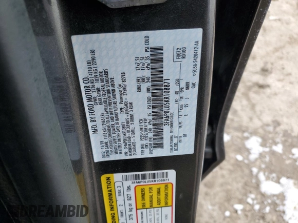 2019 Ford Fusion SE with VIN 3FA6P0LU5KR108871, listed as a Copart auction lot 45390485 with 61,130 mi miles and Salvage Title. Bid and sale history available at carsss.com. Image 12.
