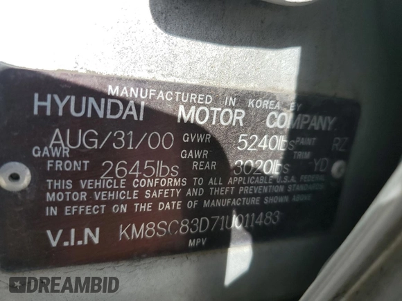 2001 Hyundai Santa Fe GLS with VIN KM8SC83D71U011483, listed as a Copart auction lot 72519174 with 138,901 mi miles and Salvage Title. Bid and sale history available at carsss.com. Image 12.