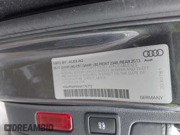 2017 Audi A4 with VIN WAUPNAF49HA176712, listed as a IAAI auction lot 41447809 with 43,941 mi miles and . Bid and sale history available at DreamBid. Image 9.