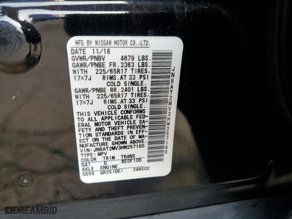 2017 Nissan Rogue SV with VIN JN8AT2MV3HW257180, listed as a Copart auction lot 78231994 with 68,207 mi miles and Salvage Title. Bid and sale history available at carsss.com. Image 13.