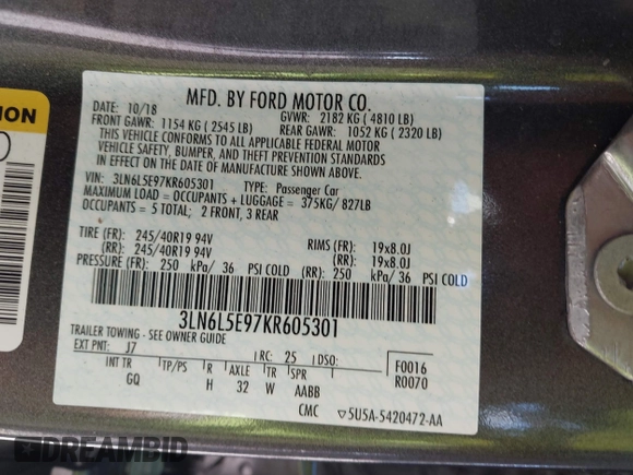 2019 Lincoln MKZ Reserve II с VIN 3LN6L5E97KR605301, выставлен на аукционе IAAI как лот 41818799 с пробегом 50 247 миль миль и . История ставок и продаж доступна на DreamBid. Изображение 9.