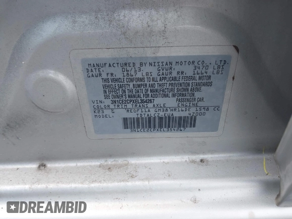 2014 Nissan Note S Plus with VIN 3N1CE2CPXEL354267, listed as a IAAI auction lot 42582615 with 105,182 mi miles and . Bid and sale history available at DreamBid. Image 9.