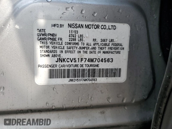 2004 Infiniti G35 w/Leather with VIN JNKCV51F74M704563, listed as a Copart auction lot 70261754 with 160,733 mi miles and Salvage Title. Bid and sale history available at DreamBid. Image 12.