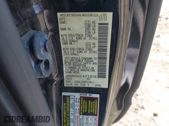 2012 Nissan Frontier SV with VIN 1N6AD0CUXCC421926, listed as a IAAI auction lot 42220045 with 101,769 mi miles and . Bid and sale history available at DreamBid. Image 9.