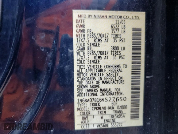 2006 Nissan Titan LE z VIN 1N6BA07B16N527650, wystawiony jako Copart lot #48126105 z przebiegiem 289 954 mil mil oraz Szkoda całkowita • Salvage title. Historia ofert i sprzedaży dostępna na DreamBid. Obrazek 14.