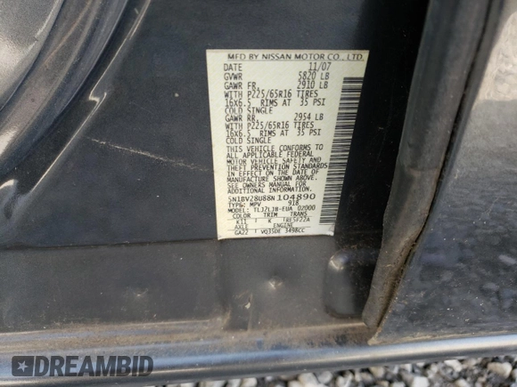 2008 Nissan Quest with VIN 5N1BV28U88N104890, listed as a Copart auction lot 74209344 with 250,748 mi miles and Salvage Title. Bid and sale history available at carsss.com. Image 13.