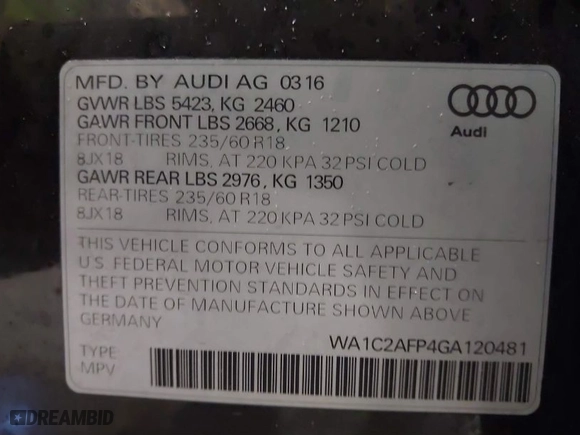 2016 Audi Q5 Premium with VIN WA1C2AFP4GA120481, listed as a IAAI auction lot 41506474 with 130,424 mi miles. Bid and sale history available at carsss.com. Image 9.