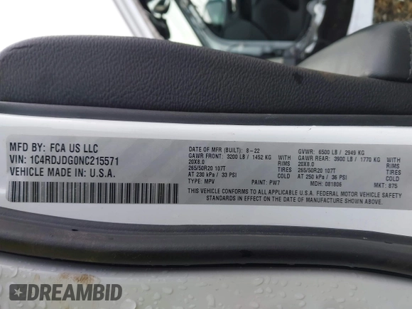 2022 Dodge Durango GT Plus with VIN 1C4RDJDG0NC215571, listed as a IAAI auction lot 41211078 with Not provided miles and . Bid and sale history available at DreamBid. Image 9.