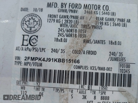 2019 Ford Edge SEL with VIN 2FMPK4J91KBB15166, listed as a IAAI auction lot 42018927 with 131,732 mi miles. Bid and sale history available at carsss.com. Image 9.