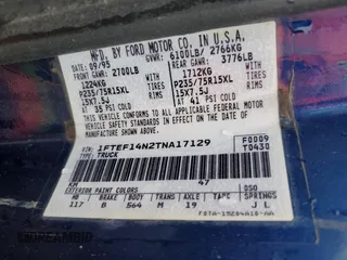 1996 Ford F-150 with VIN 1FTEF14N2TNA17129, listed as a Copart auction lot 52091965 with 243,778 mi miles and Salvage Title. Bid and sale history available at DreamBid. Image 12.