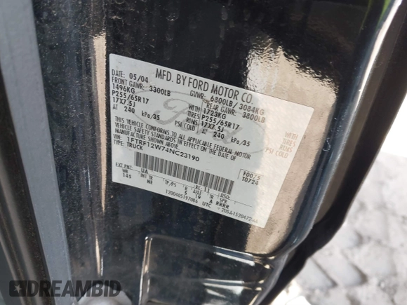 2004 Ford F-150 XL with VIN 1FTRF12W74NC23190, listed as a IAAI auction lot 41664069 with 147,764 mi miles. Bid and sale history available at carsss.com. Image 9.