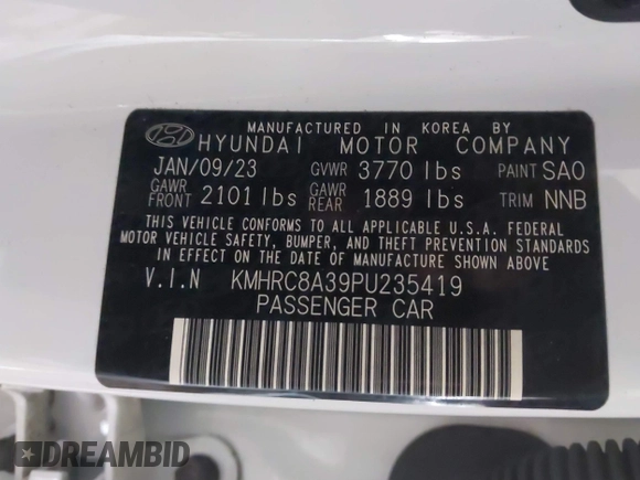 2023 Hyundai Venue Limited with VIN KMHRC8A39PU235419, listed as a IAAI auction lot 41851600 with 24,803 mi miles and . Bid and sale history available at DreamBid. Image 9.