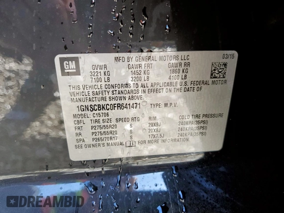 2015 Chevrolet Tahoe LT with VIN 1GNSCBKC0FR641471, listed as a Copart auction lot 59808775 with Not provided miles and Non repairable. Bid and sale history available at DreamBid. Image 13.