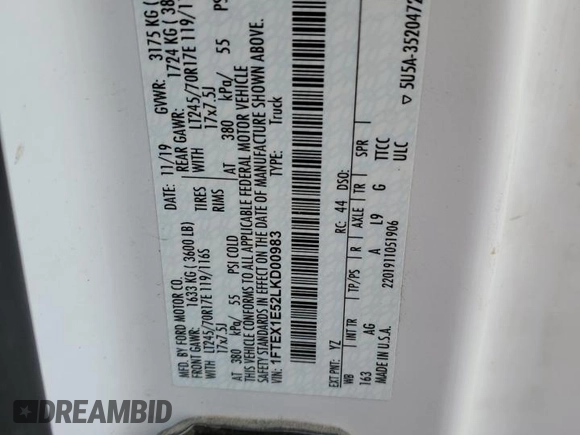 2020 Ford F-150 XL with VIN 1FTEX1E52LKD00983, listed as a Copart auction lot 85206804 with Not provided miles and Clean title. Bid and sale history available at DreamBid. Image 12.
