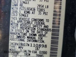 2007 Nissan Quest SE with VIN 5N1BV28U17N110898, listed as a Copart auction lot 86811594 with 213,558 mi miles and Salvage Title. Bid and sale history available at carsss.com. Image 13.