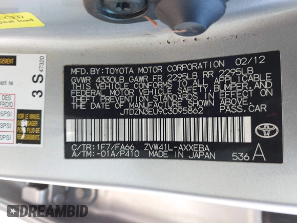 2012 Toyota Prius Two with VIN JTDZN3EU9C3095862, listed as a IAAI auction lot 41676871 with 120,062 mi miles and . Bid and sale history available at DreamBid. Image 9.