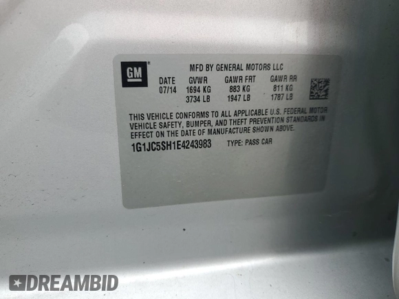 2014 Chevrolet Sonic LT z VIN 1G1JC5SH1E4243983, wystawiony jako Copart lot #59483085 z przebiegiem 106 345 mil mil oraz Szkoda całkowita • Salvage title. Historia ofert i sprzedaży dostępna na DreamBid. Obrazek 12.