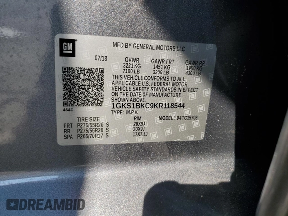 2019 GMC Yukon SLT with VIN 1GKS1BKC9KR118544, listed as a Copart auction lot 75508794 with 15,026 mi miles and Non Repairable. Bid and sale history available at carsss.com. Image 14.