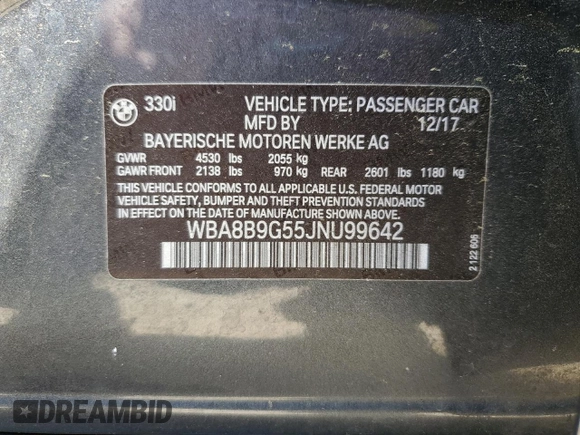 2018 BMW 3 Series 330i with VIN WBA8B9G55JNU99642, listed as a Copart auction lot 53822805 with 142,833 mi miles and Salvage title. Bid and sale history available at DreamBid. Image 12.