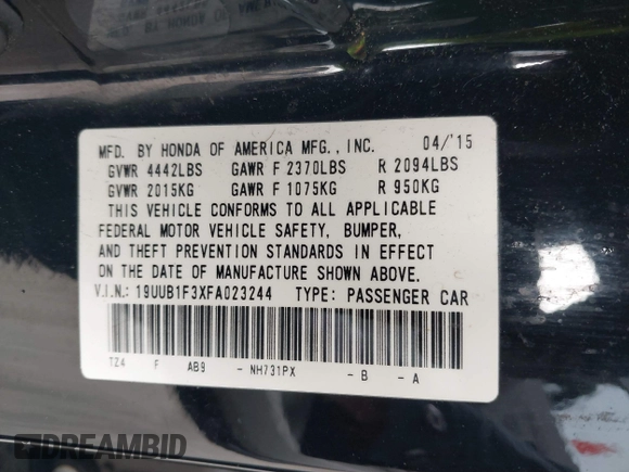 2015 Acura TLX with VIN 19UUB1F3XFA023244, listed as a IAAI auction lot 41890754 with 92,090 mi miles. Bid and sale history available at carsss.com. Image 9.