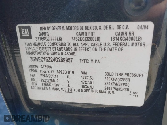 2004 Chevrolet Suburban LS with VIN 3GNEC16Z24G269957, listed as a IAAI auction lot 41739190 with 269,891 mi miles. Bid and sale history available at carsss.com. Image 9.