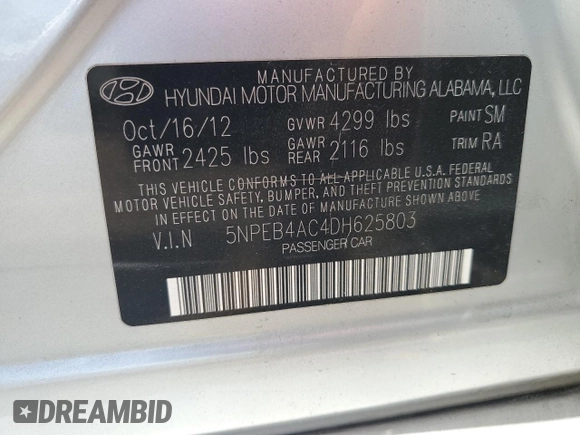 2013 Hyundai Sonata GLS z VIN 5NPEB4AC4DH625803, wystawiony jako Copart lot #56882875 z przebiegiem 96 740 mil mil oraz Nie do naprawy • Non repairable. Historia ofert i sprzedaży dostępna na DreamBid. Obrazek 12.