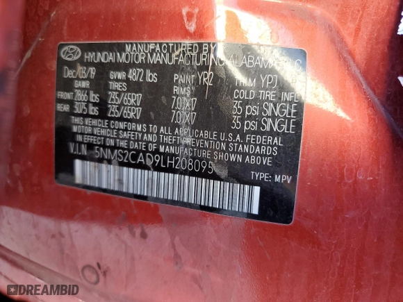 2020 Hyundai Santa Fe SE with VIN 5NMS2CAD9LH208095, listed as a Copart auction lot 85151444 with 206,090 mi miles and Salvage Title. Bid and sale history available at carsss.com. Image 13.