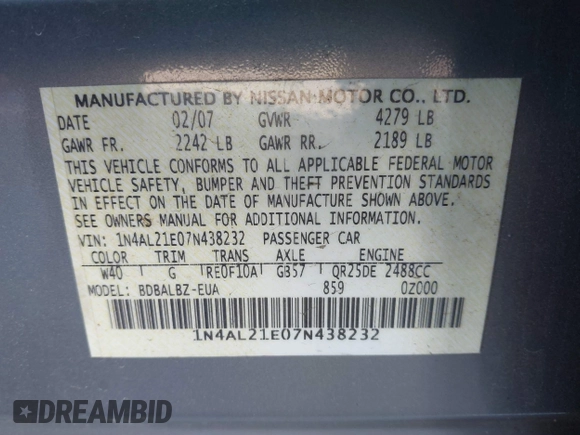 2007 Nissan Altima 2.5 S with VIN 1N4AL21E07N438232, listed as a IAAI auction lot 41859922 with 130,927 mi miles. Bid and sale history available at carsss.com. Image 9.