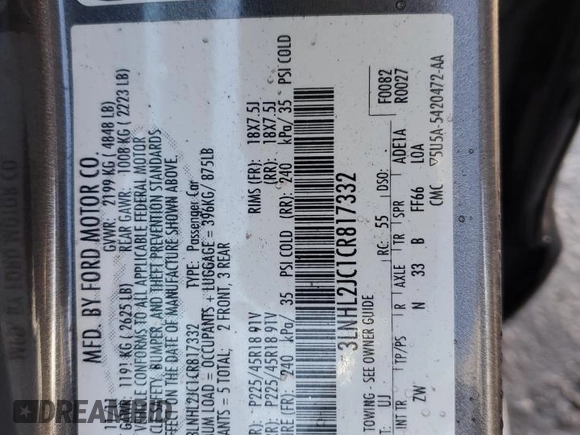 2012 Lincoln MKZ with VIN 3LNHL2JC1CR817332, listed as a Copart auction lot 42258375 with 159,823 mi miles and Salvage Title. Bid and sale history available at DreamBid. Image 12.