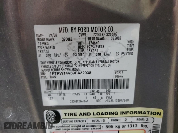 2009 Ford F-150 XL z VIN 1FTPW14V69FA32938, wystawiony jako Copart lot #52390595 z przebiegiem 254 600 mil mil oraz Czysty tytuł • Clean title. Historia ofert i sprzedaży dostępna na DreamBid. Obrazek 12.
